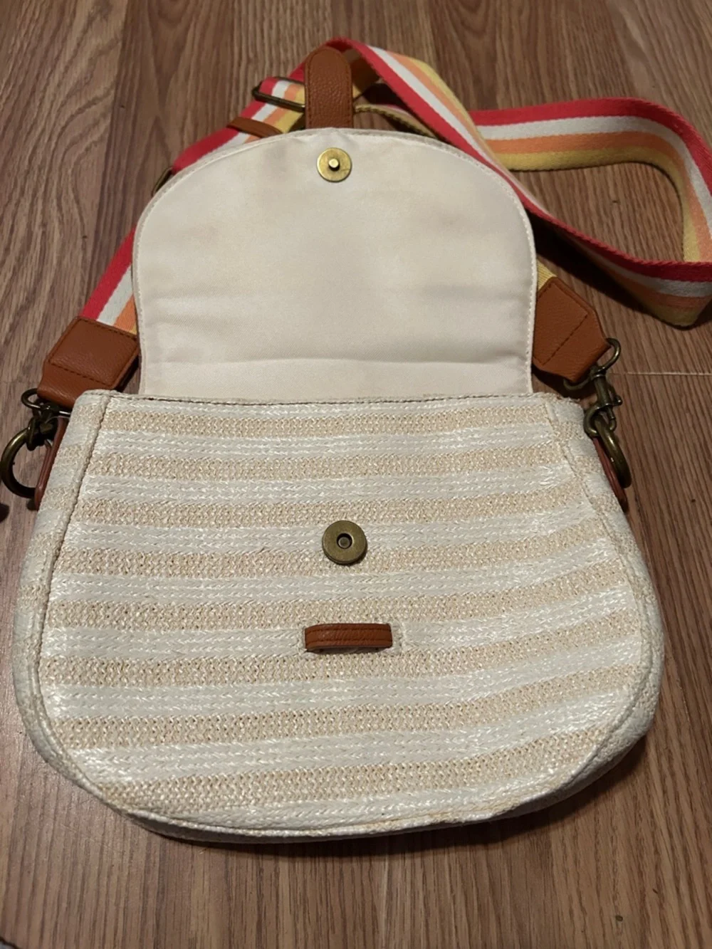 Universal thread Woven Straw Crossbody Bag with Tan Trim and Multicolor Strap
